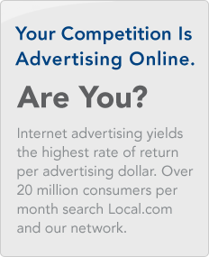 Your Competition Is Advertising Online. Are You? Internet advertising yields highest rate of return per advertising dollar. Over 20 million consumers per month search Local.com and our network.